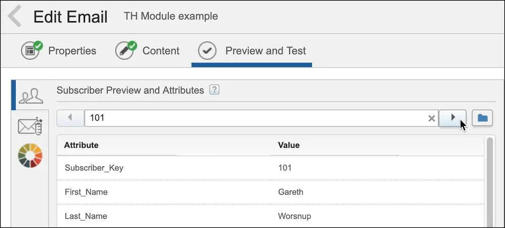 Content Builder の [プレビューとテスト] タブのスクリーンショット。