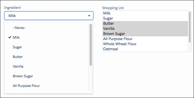 An Ingredient field and a Shopping List field using the same values