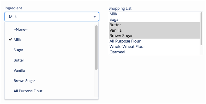 An Ingredient field and a Shopping List field using the same values