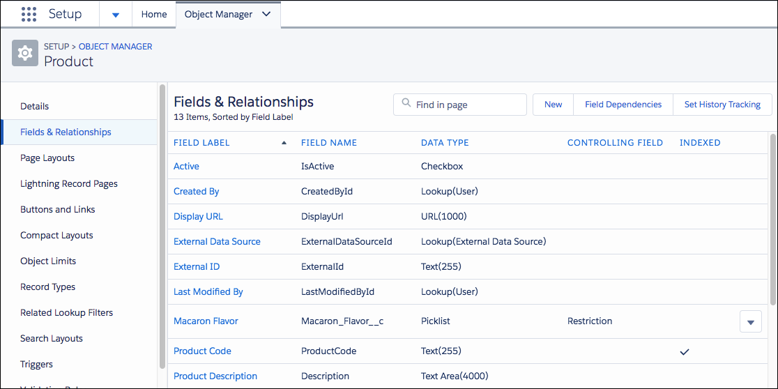 The Fields & Relationships page of the Product object