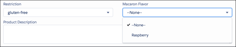 A gluten-free Restriction selection narrows the Macaron Flavor values