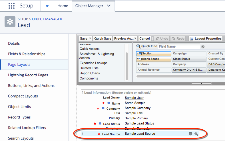 The Lead Source field on the Lead Page Layout