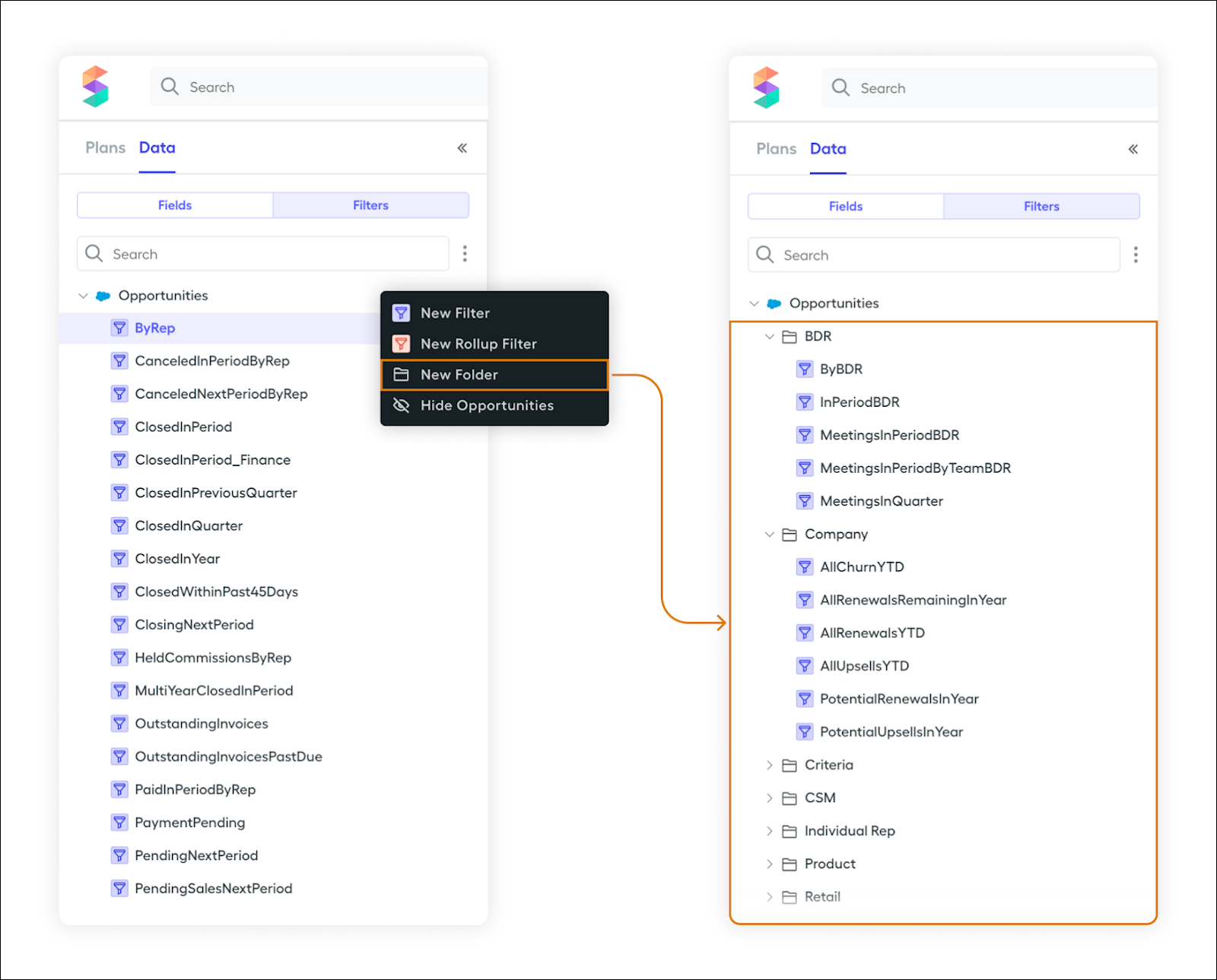 The Data tab showing filters organized into folders.