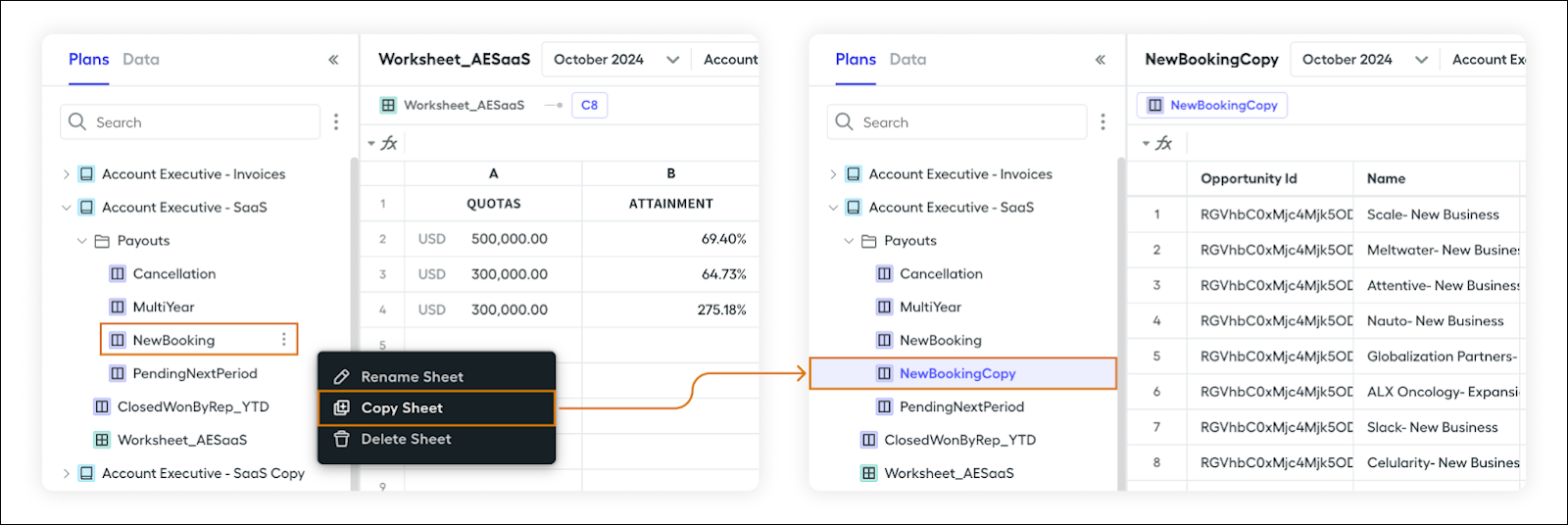 A datasheet in an existing plan with the option to copy the datasheet.
