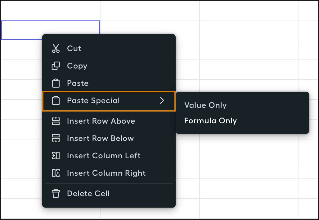 A worksheet showing the option to paste a calculation.
