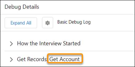 Debug details showing API Name Get Account