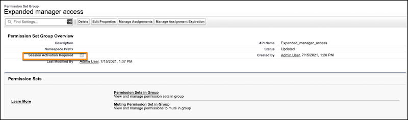 Permission set group expanded manager access menu with session activation required highlighted.