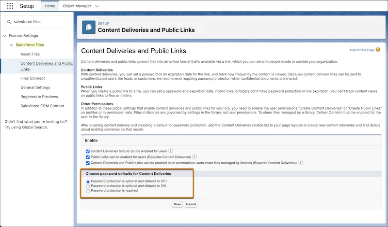 The Content Deliveries and Public Links settings page with the password defaults for Content Deliveries section highlighted.