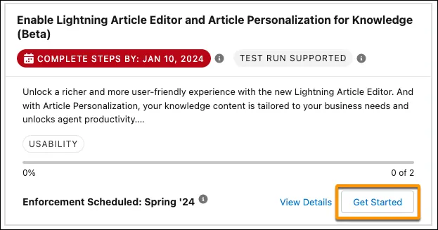 The Release Update Screen for the Lightning Article Editor and Article Personalization.