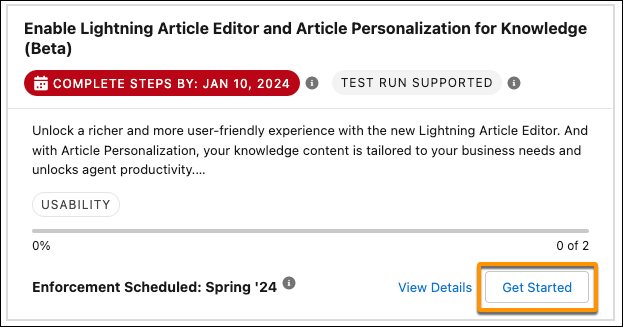 Lightning 記事エディターと記事のパーソナライズのリリース更新画面