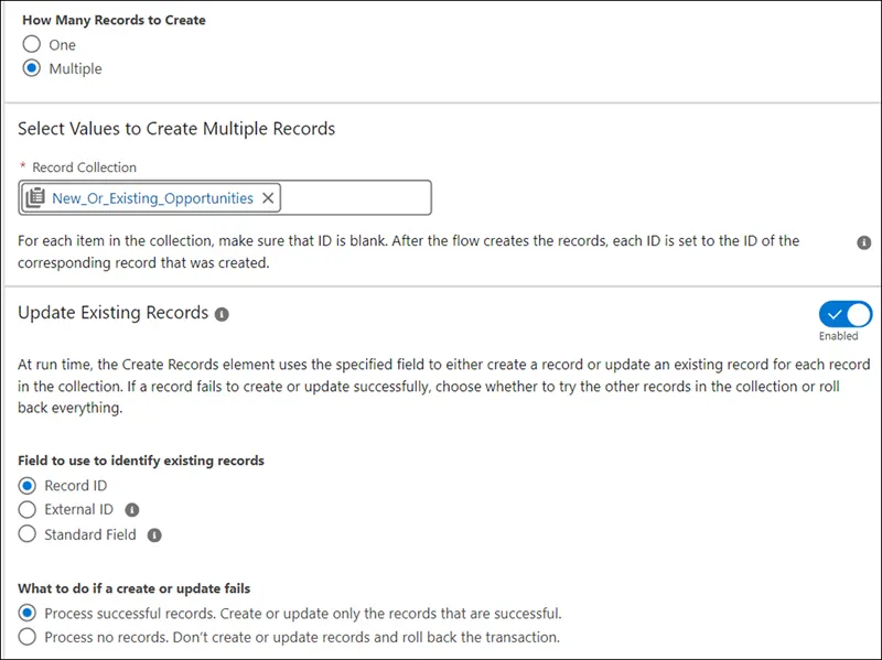 [Update Existing Records (既存のレコードを更新)] セクションとその設定が表示された [Create Records (レコードを作成)] 要素。