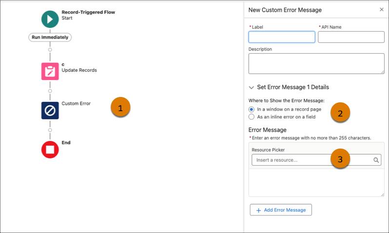 Flow Canvas with the Custom Error message element and the details pane to configure the element.