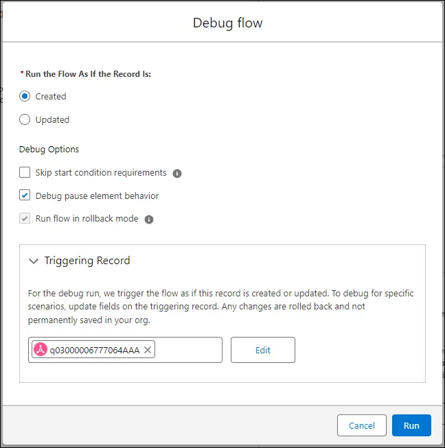 UI of the debug tool for Data Cloud-Triggered flow specifying the Data Cloud record and options.