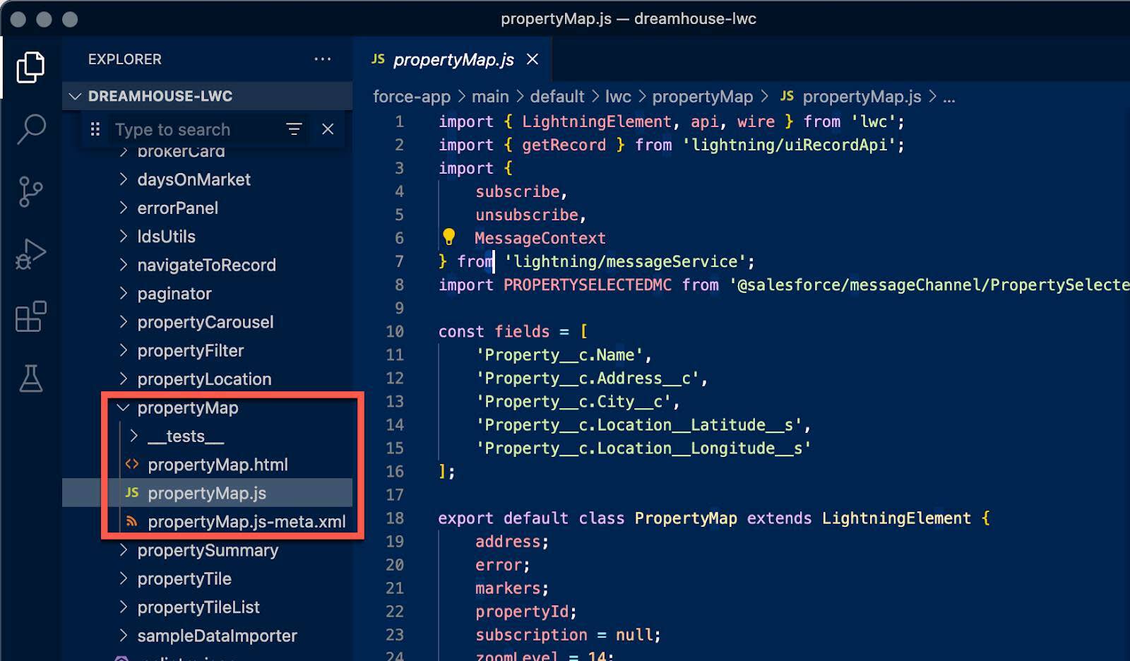 Visual Studio Code showing the propertyMap.js file.