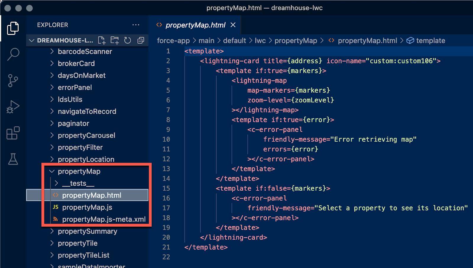 Visual Studio Code showing the propertyMap.html file.