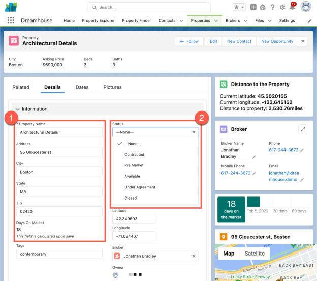 Property Details tab in the Dreamhouse app showing metadata fields that define the structure of the app.