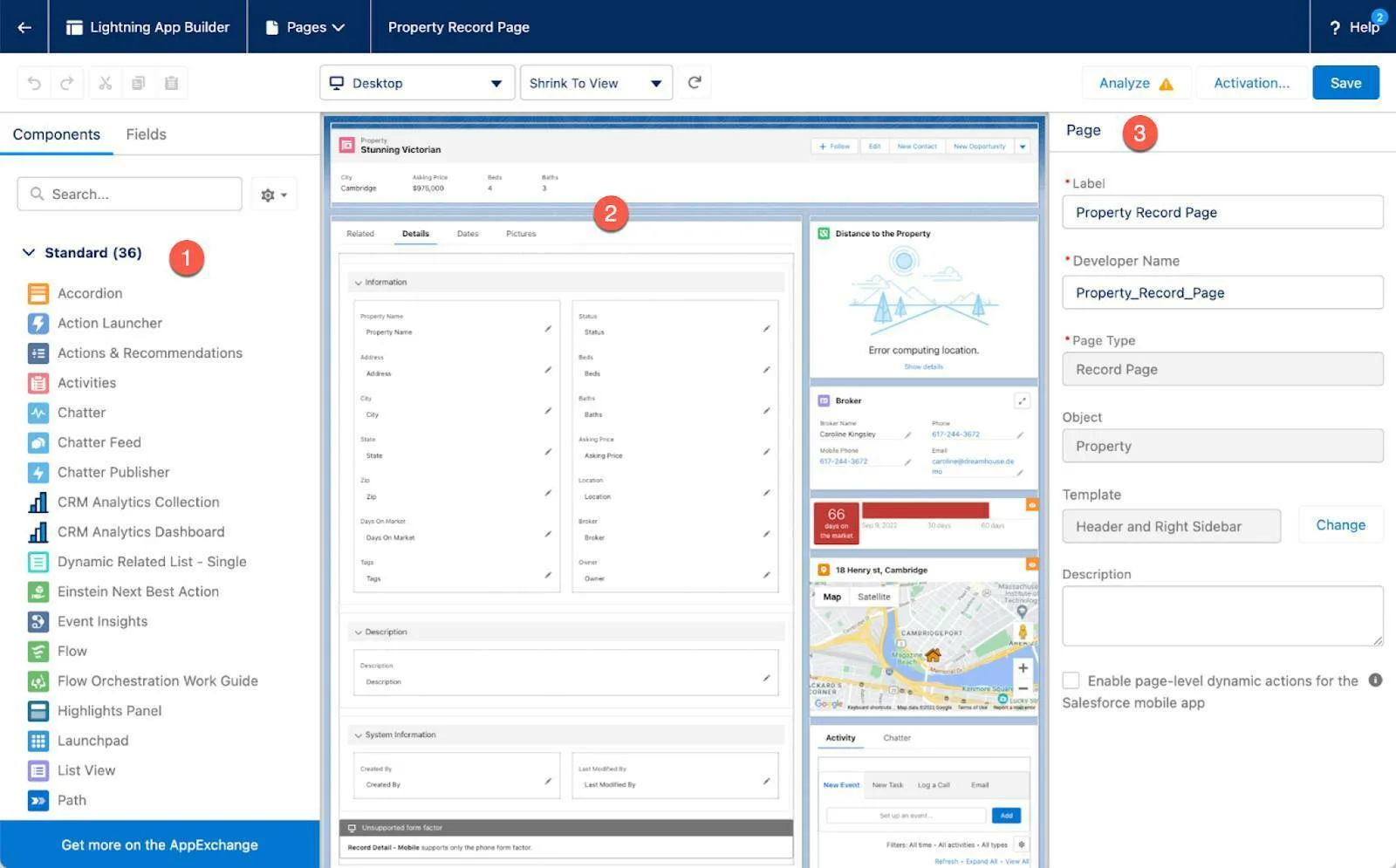 Lightning App Builder showing the Property Record Page of the Dreamhouse sample app.