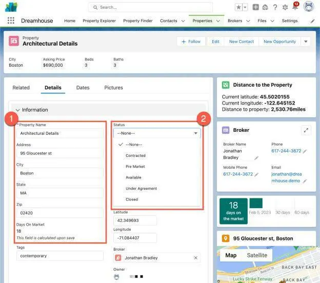 Onglet Details (Détails) d’une propriété dans l’application Dreamhouse affichant les champs de métadonnées qui définissent la structure de l’application.