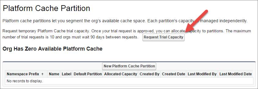 Request Trial Capacity button on the Platform Cache page