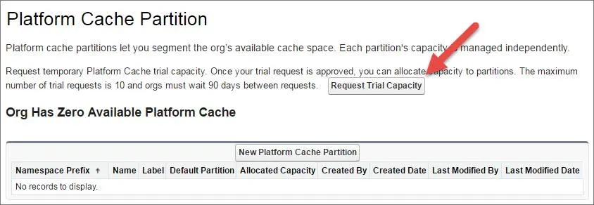 Botón para solicitar capacidad de prueba en la página Caché de plataforma.