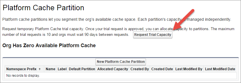 Bouton Request Trial Capacity dans la page Cache de la plate-forme