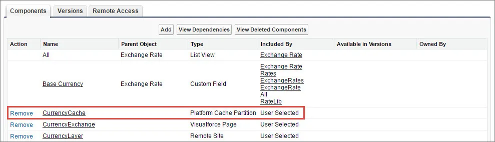 Eine Liste mit Paketkomponenten, die eine Cache-Partition enthalten