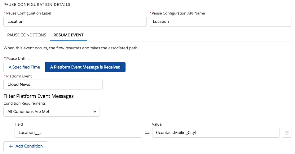 Pause configuration in Flow Builder