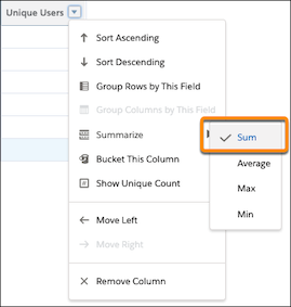 Dropdown menu with Summarize and Sum selected