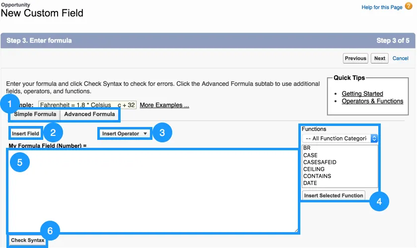 Una vista dell'editor di formule con etichette.