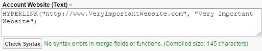 Formula di un collegamento ipertestuale. Account Website (Text) (Sito web account (Testo)) = HYPERLINK("http://www.SitoWebImportantissimo.com", "Very Important Website")