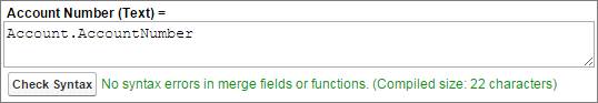 La formula oggetti incrociata del referente. Account Number (Text) (Numero account (Testo)) = Account.AccountNumber