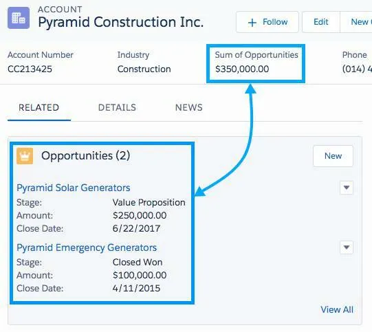 Example of fields rolling up to sum opportunities.