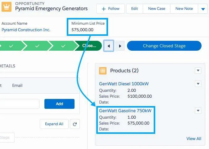 Example of rolling up the minimum product price on an opportunity.