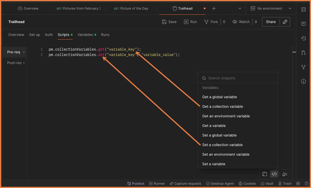 Pre-req Script panel open with snippets Get a collection variable and Set a collection variable inserted in the editor