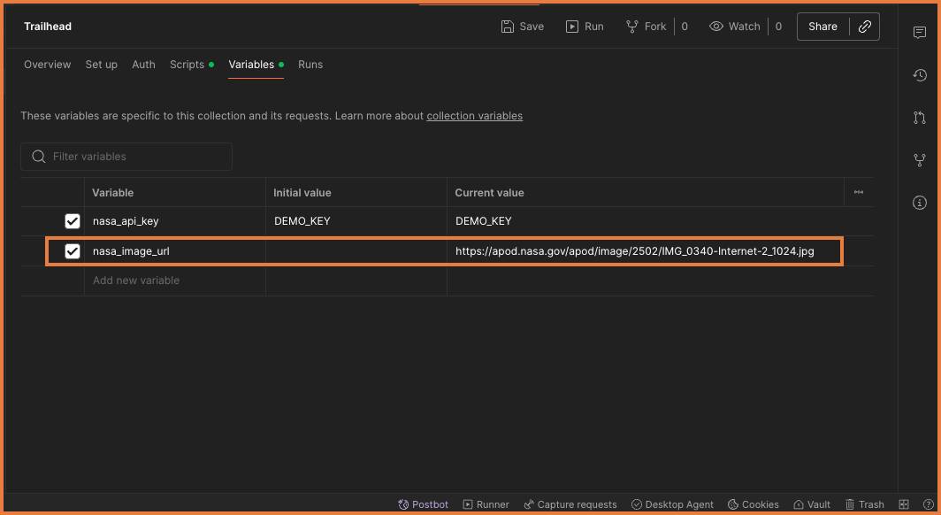 Collection Variables tab with nasa_image_url highlighted by an orange box