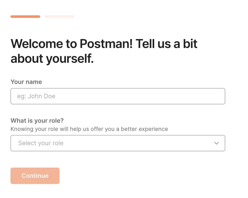 Welcome to Postman! screen with input field for name and role