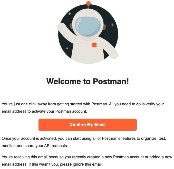 email message welcoming you to Postman with a button Confirm My Email