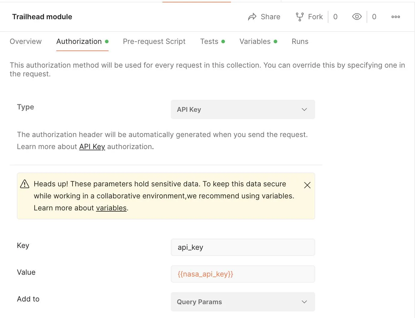 Authorization tab open and the Type, Key, Value, and Add to settings entered as described above