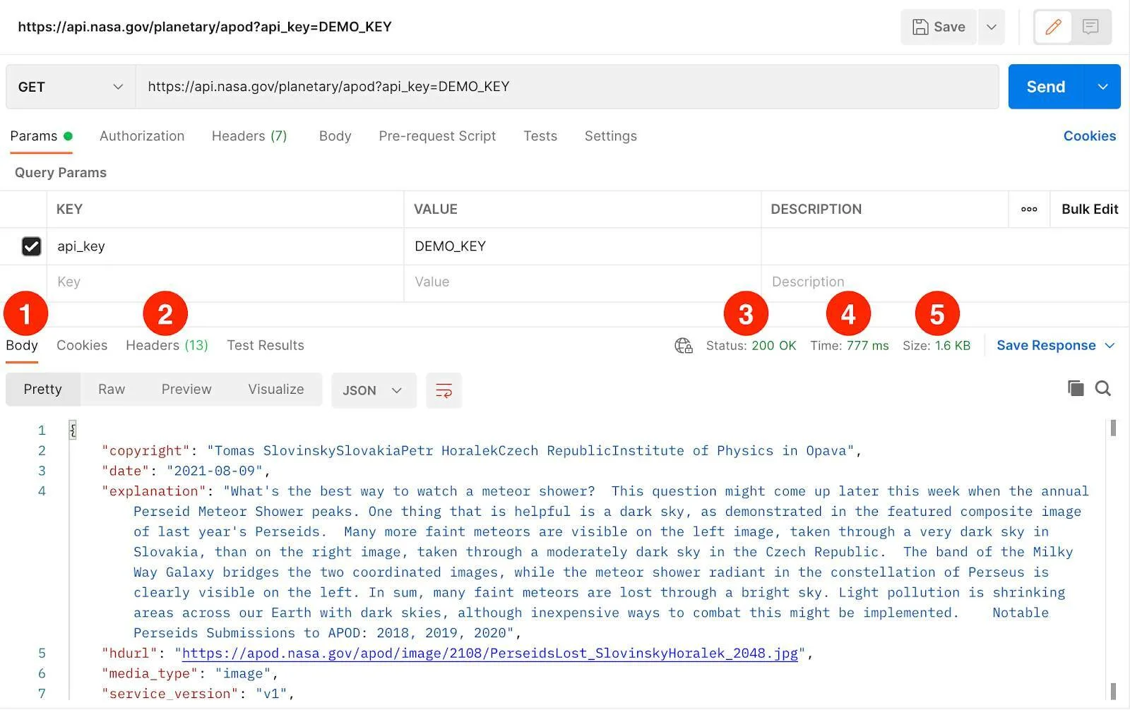 HTTP API response with the Body and Headers tabs, as well as Status, Time, and Size data