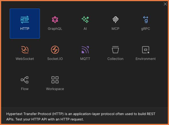 request type selection modal with HTTP at the top left selected