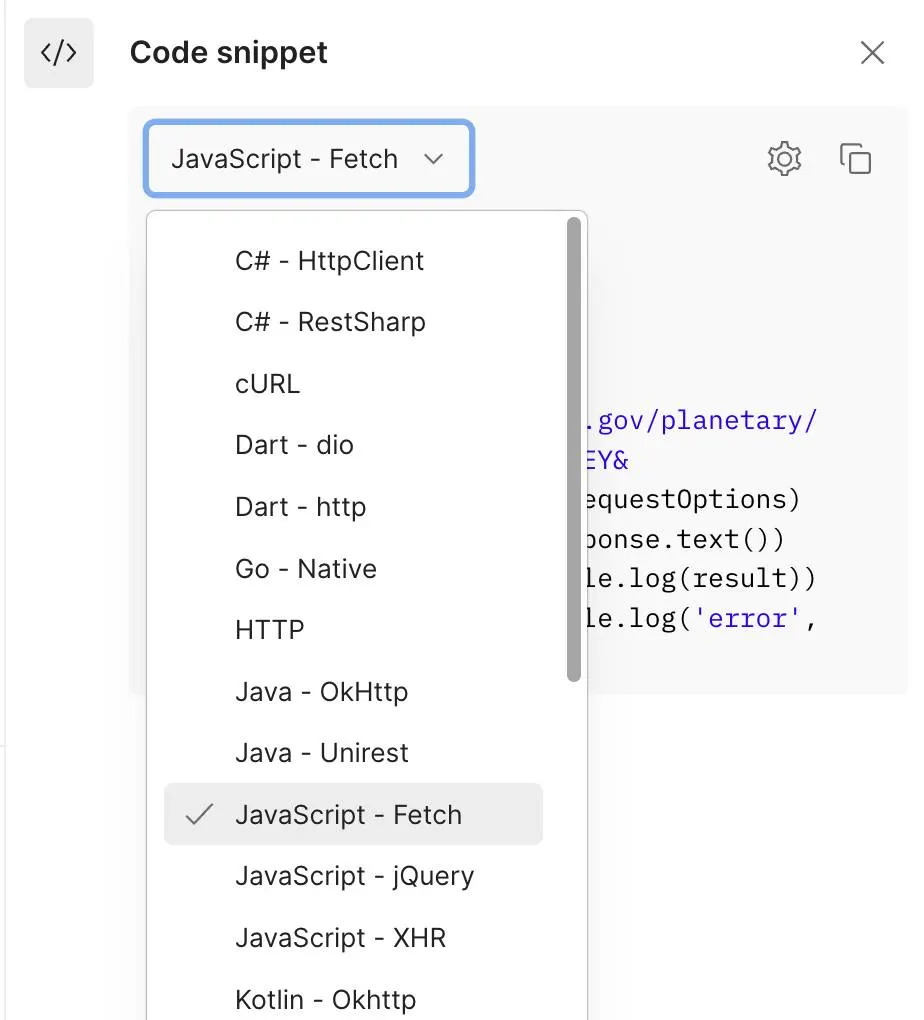 Code snippet with filter dropdown open and JavaScript - Fetch highlighted