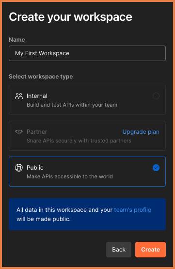 Create your workspace modal with My First Workspace in the Name field and workspace type set to Public
