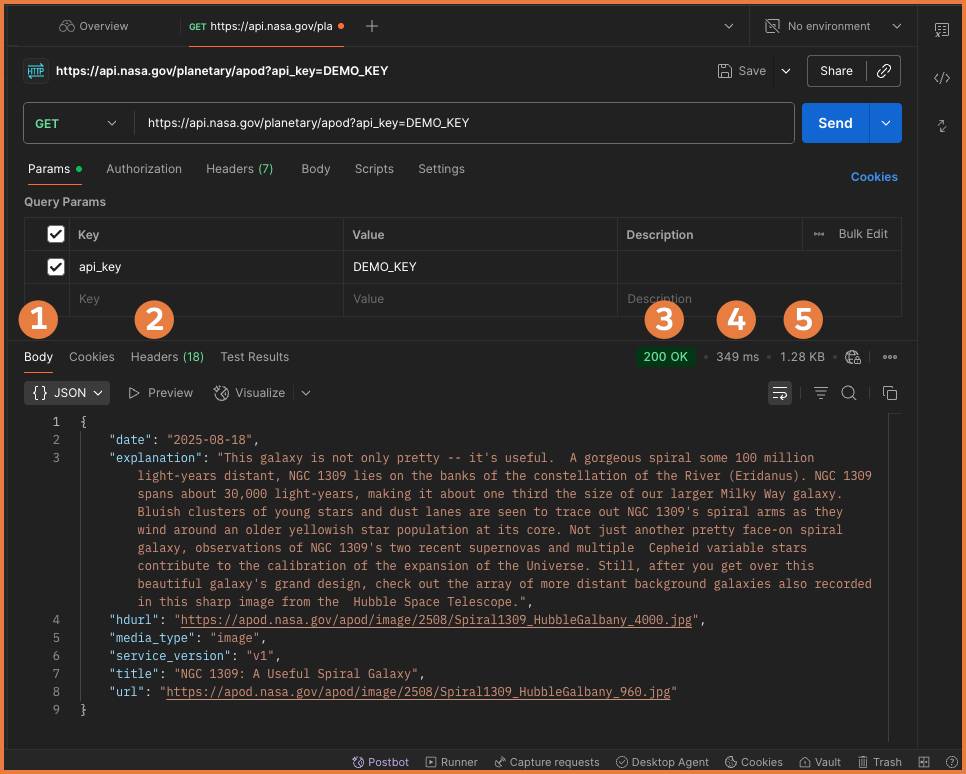HTTP API response with the Body and Headers tabs, as well as Status, Time, and Size data