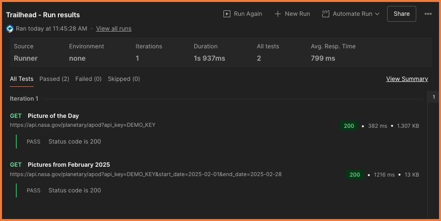 Trailhead - Run results with both requests showing as passed