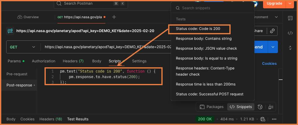 Scripts tab open, Snippets list open, Status code: Code is 200 has been selected and the script added to the Post-response