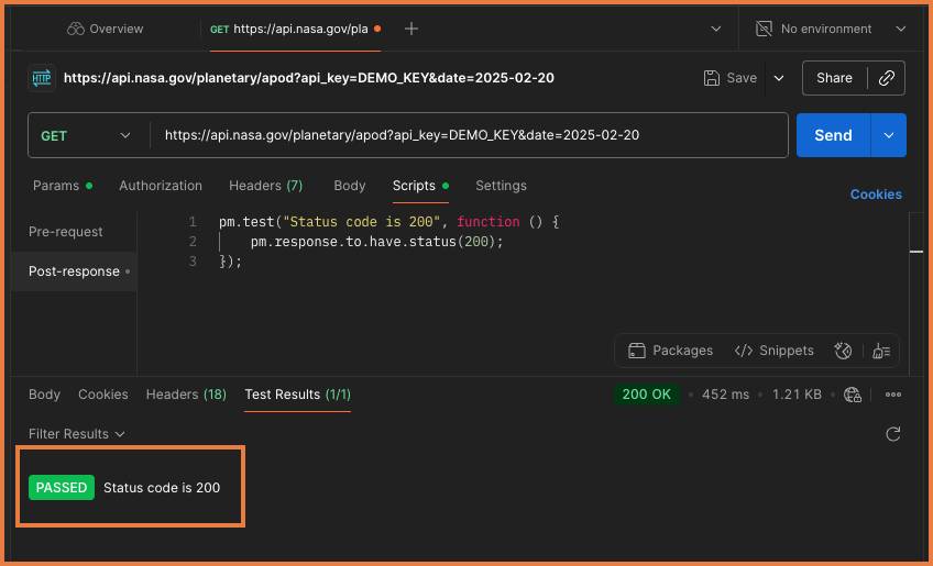 Test Results open and the pass response PASS Status code is 200