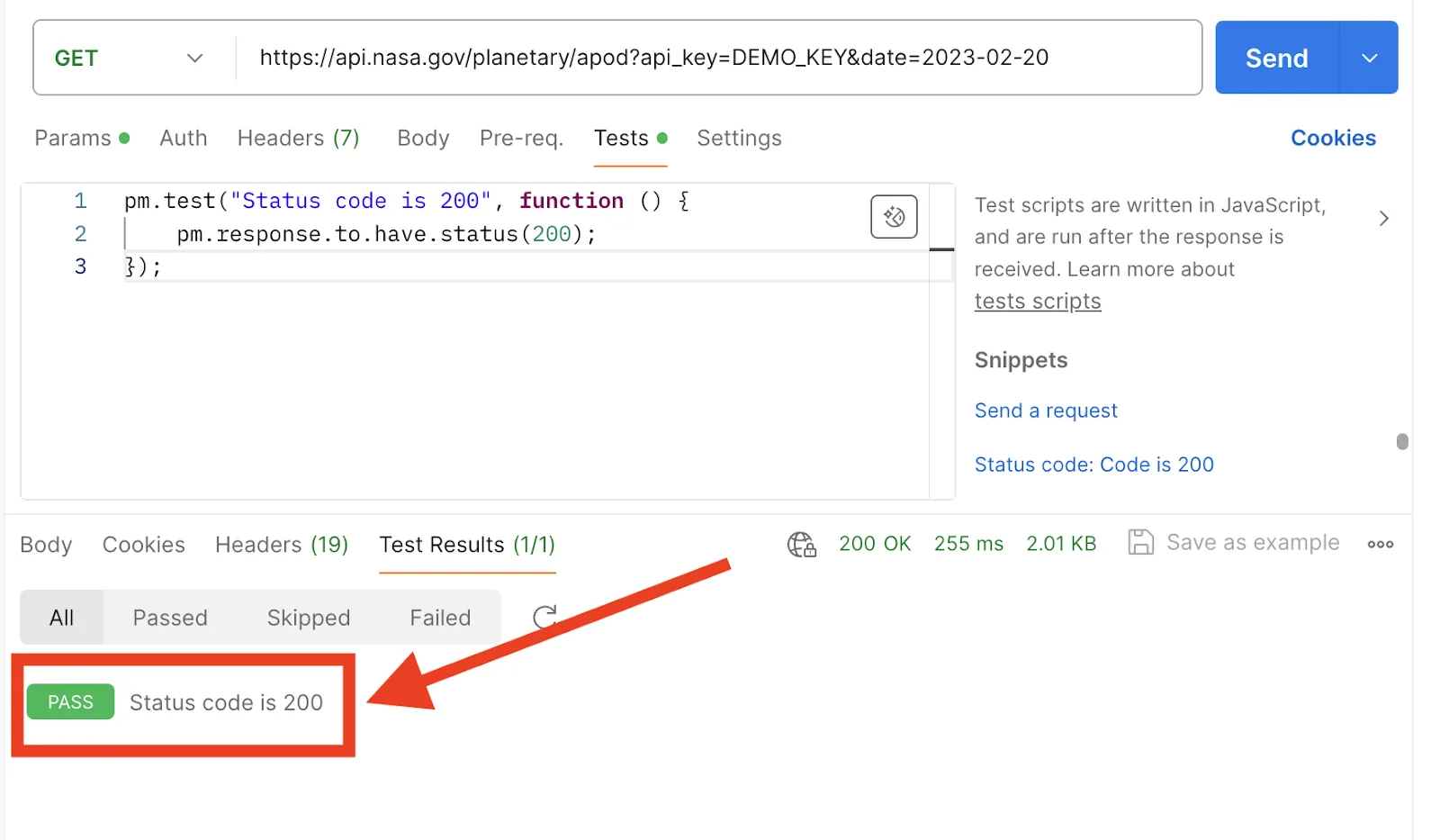 Test Results open and the pass response PASS Status code is 200