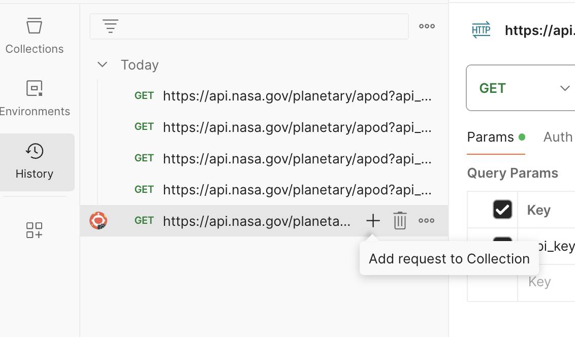 List of requests with the first request hovered over and Add request to Collection message