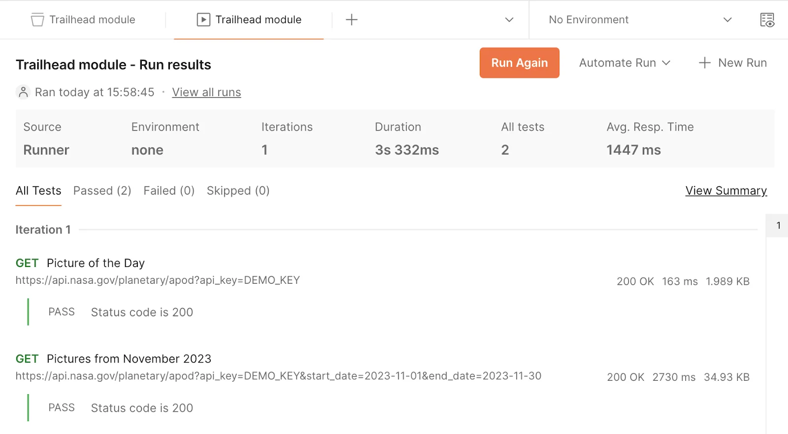 Trailhead module collection showing All Tests and all requests with a Pass status