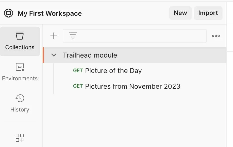 My First Workspace collection Trailhead module with Picture of the Day and Pictures from November 2023